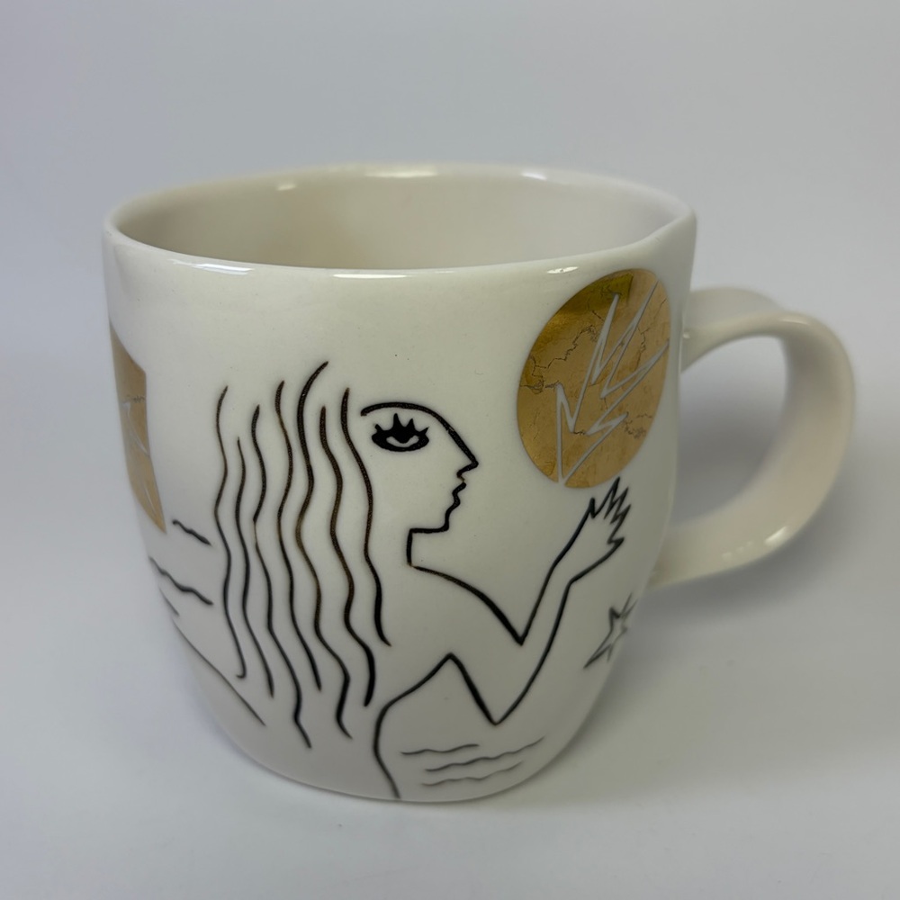 Starbucks 2013 Anniversary Coffee Mug‎ Etched Siren Mermaid White Gold 12 oz